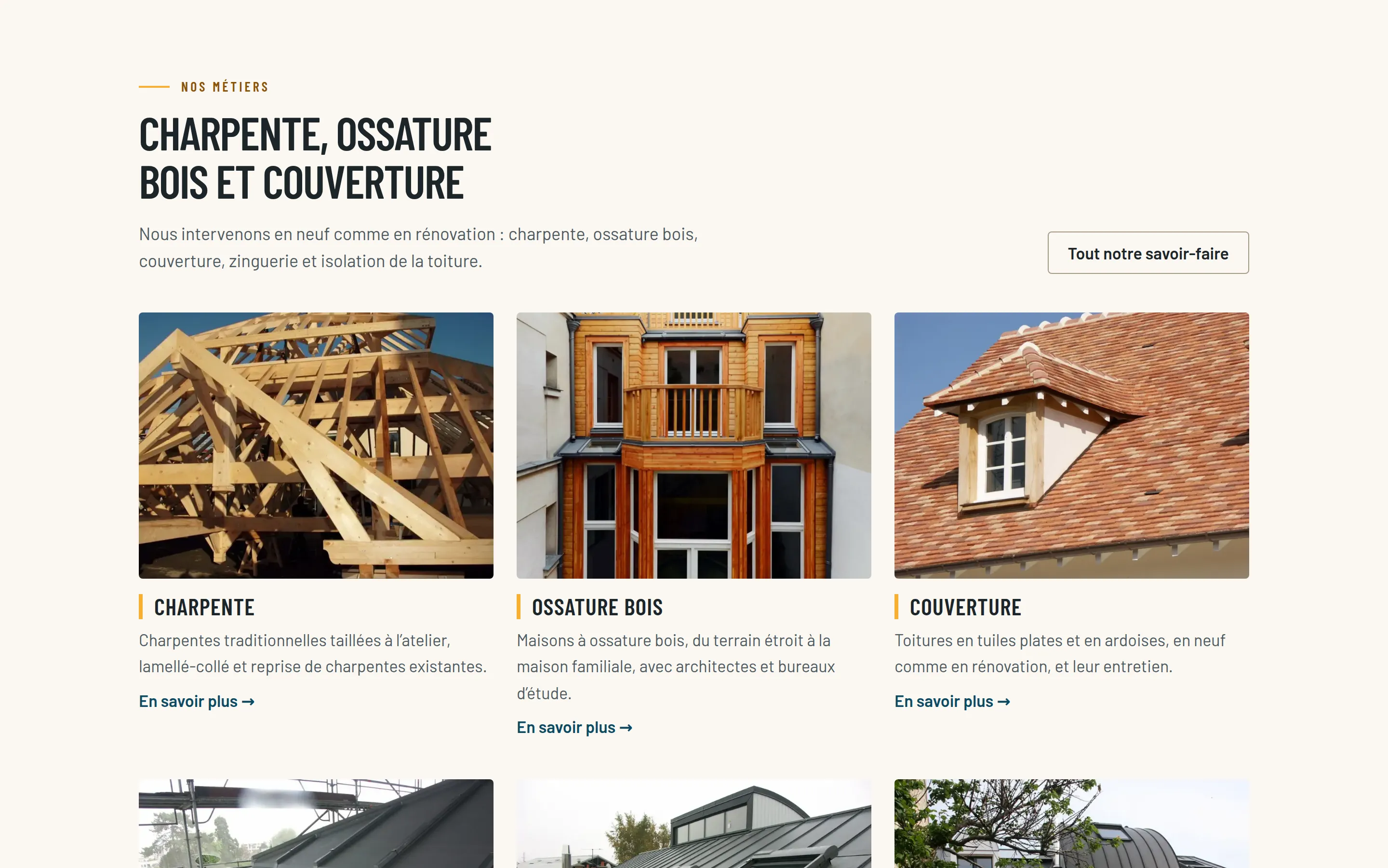 Section « Nos métiers » de bati-charpente.fr : charpente, ossature bois, couverture, zinguerie, isolation, agrandissement, chacun avec sa photo et son lien.